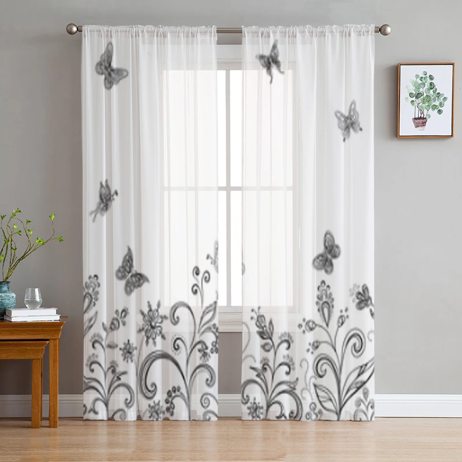 

Abstract Floral And Butterflies Sheer Curtains For Living Room Window Transparent Voile Tulle Curtain Bedroom Drapes Home Decor