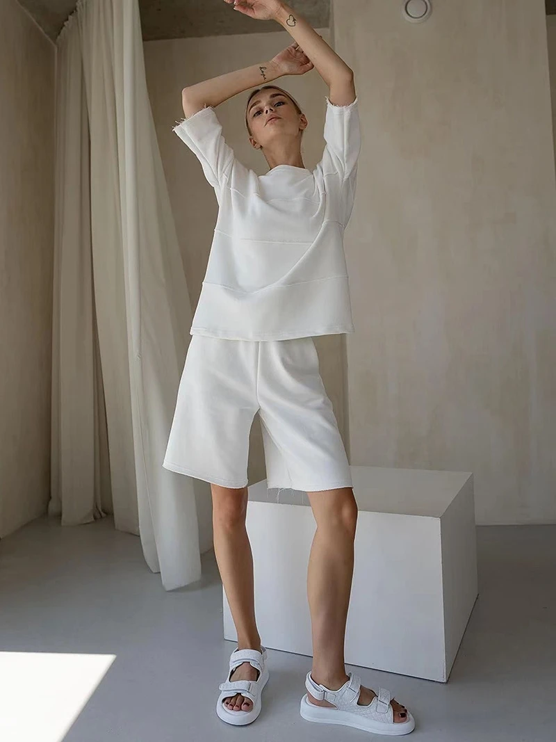 Bornladies Sommer 100% Baumwolle Sets Frauen Casual Zwei Stücke Halbe Hülse Patchwork T Shirts & Hohe Taille Shorts Outfits Trainingsanzug Bornladies Sommer 100% Baumwolle Sets Frauen Casual Zwei Stücke Halbe Hülse Patchwork T Shirts & Hohe Taille Shorts Outfits Trainingsanzug