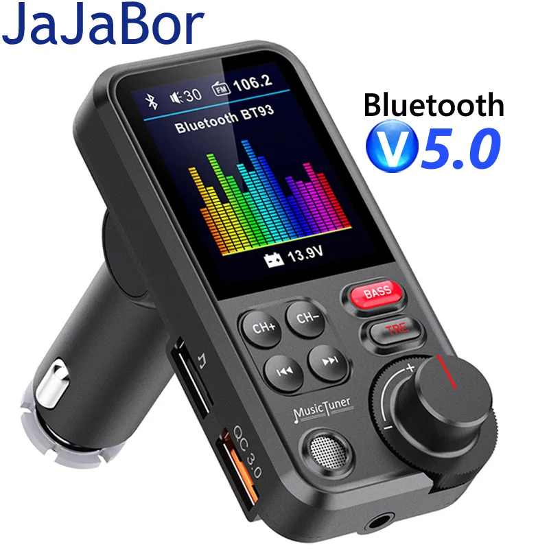 

JaJaBor FM Transmitter 1.8 Inch Color Screen Bluetooth Handsfree Car Kit QC3.0 Fast Charging Treble Bass Sound Car Mp3 Player
