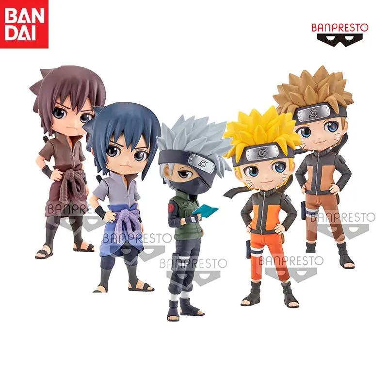 

In Stock Bandai Original Qposket Anime NARUTO Hatake Kakashi Uzumaki Naruto Uchiha Sasuke Action Figure Model Children's Gifts