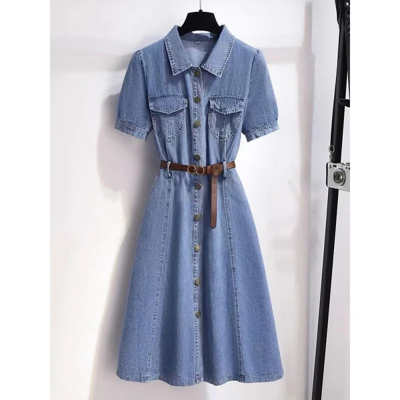 

Mid-Length Denim Dress Summer Thin New French Retro Short Sleeve Jean Dresses Waist-Fitted Casual A-Line Sashes Button Vestidos