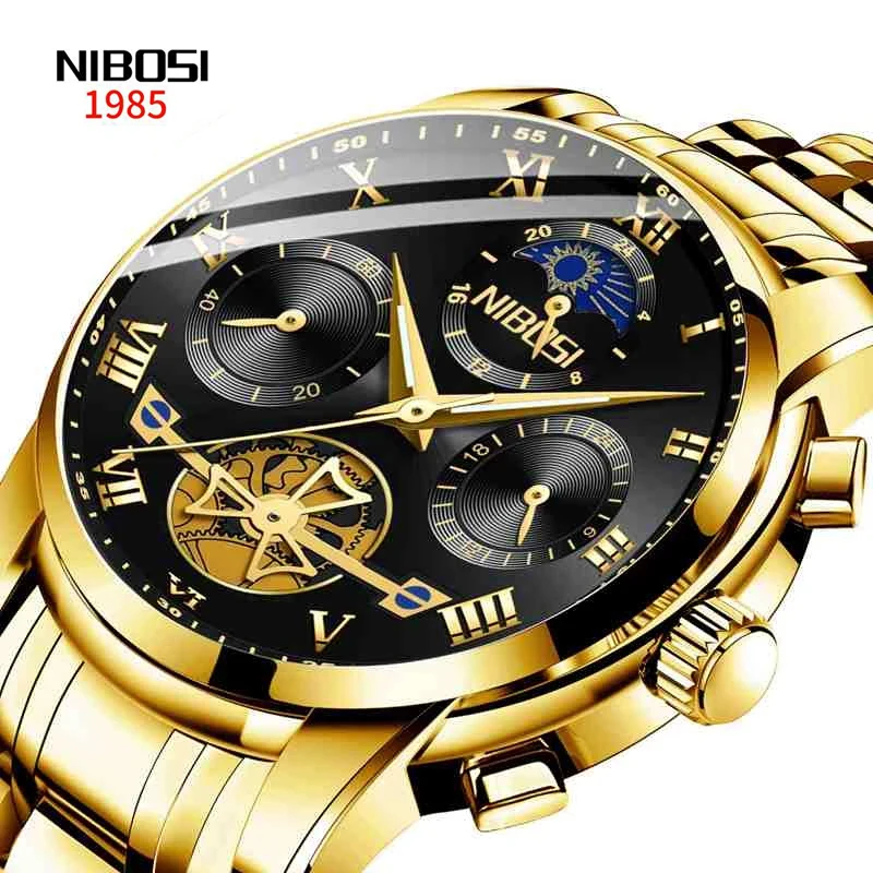 

NIBOSI New Gold Mens Watches Top Brand Luxury Stainless Steel Fashion Chronograph Quartz Watch For Men Sport Waterproof Clock