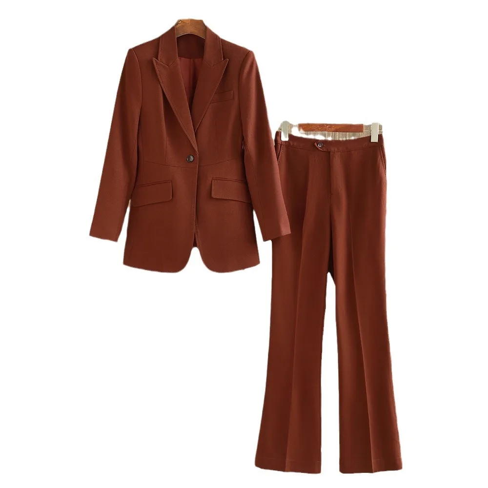 

Spring Newest 2024 Lady Office High Quality Designed Solid Suit Single Button Long Sleeve Blazer Flared Pants Women 2Pcs