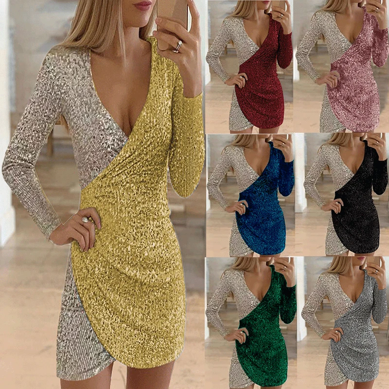 Autumn and Winter Women's Sexy V-neck Long Sleeve Pullover Solid Color Hip Wrap Irregular Short Skirts Sequin Dresses
Autumn and Winter Women's Sexy V-neck Long Sleeve Pullover Solid Color Hip Wrap Irregular Short Skirts Sequin Dresses