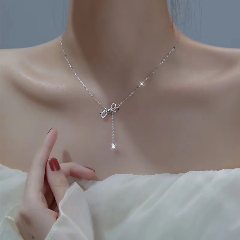 

Micro-inlaid Zircon Necklaces for Women Silver Color Tassel Bow Collarbone Chain Pendant Choker Jewelry on The Neck Collares