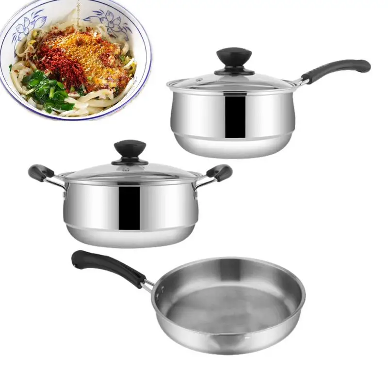 

3pcs Non Stick Pots And Pans Stainless Steel Milk Soup Pot Frying Pan Kitchen Cookware Pots Set For Simmering Sauteing Frying