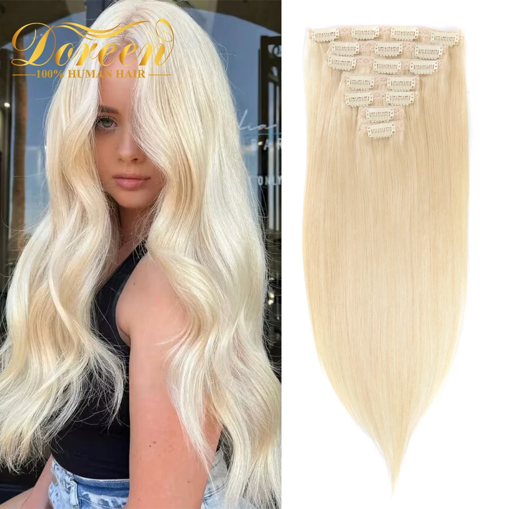 

Doreen Full Head Brazilian Platinum Blonde 60 Clip in Hair Extensions Human Hair 100% Real Remy hair Clips On 120G 14 To 22 7pcs