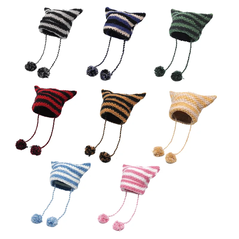 

Japanese Y2K Cute Black White Striped Cat Ears Wool Hat Women Autumn Winter Warm Little Devil Hanging Ball Knitted Beanie Hat