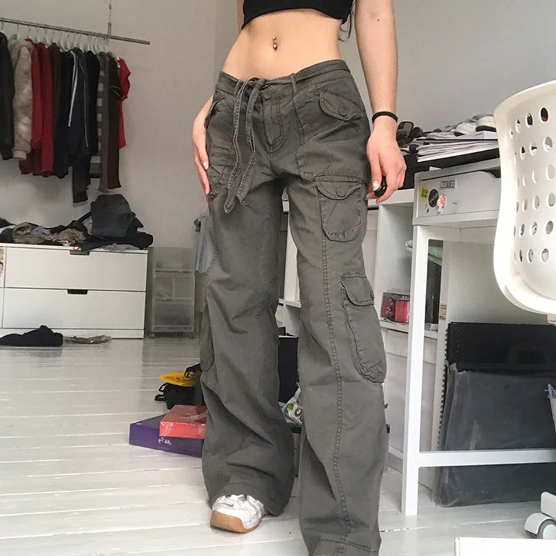 

Pocket Cargo Pants Women's Straight Oversized Pants Harajuku Retro 90's Aesthetic Low Waist Trousers Wide Leg Loose Jeans