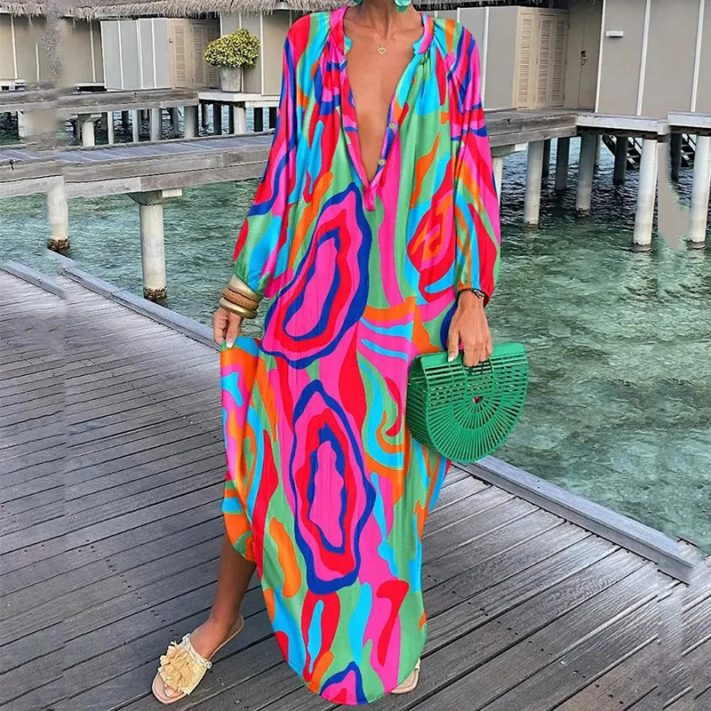 

2022 Women Vintage Fashion Print Pullover Party Dress Casual Lantern Sleeve Long Dress Spring Autumn Lady Loose Boho Beach Dress