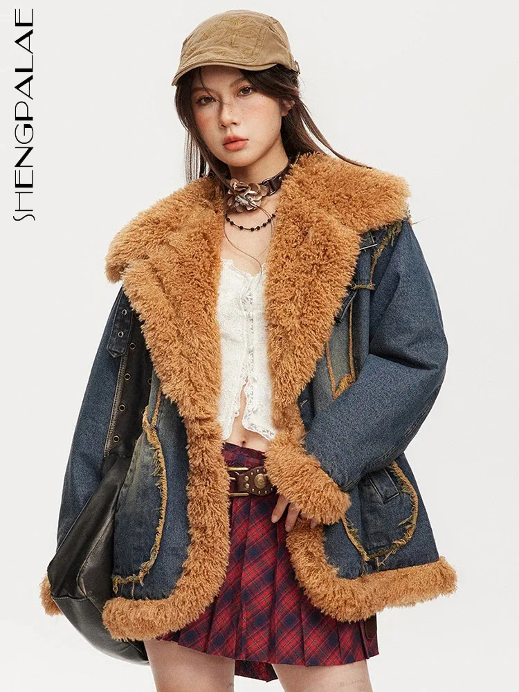 

SHENGPALAE Lamb Wool Spliced Denim Padded Coat Women Vintage Stand Collar Belt Buckle Thicken Jacket Winter 2023 New Tide 5R8265