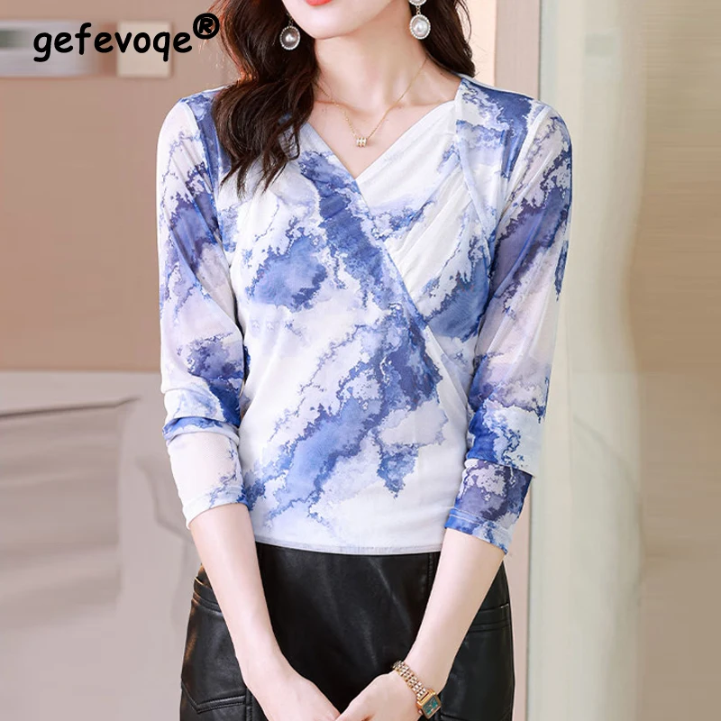 Women Clothing Korean Fashion Mesh Tie Dye Print Asymmetrical Elegant Basic T-shirt Spring Autumn V Neck Long Sleeve Slim Tops
Women Clothing Korean Fashion Mesh Tie Dye Print Asymmetrical Elegant Basic T-shirt Spring Autumn V Neck Long Sleeve Slim Tops