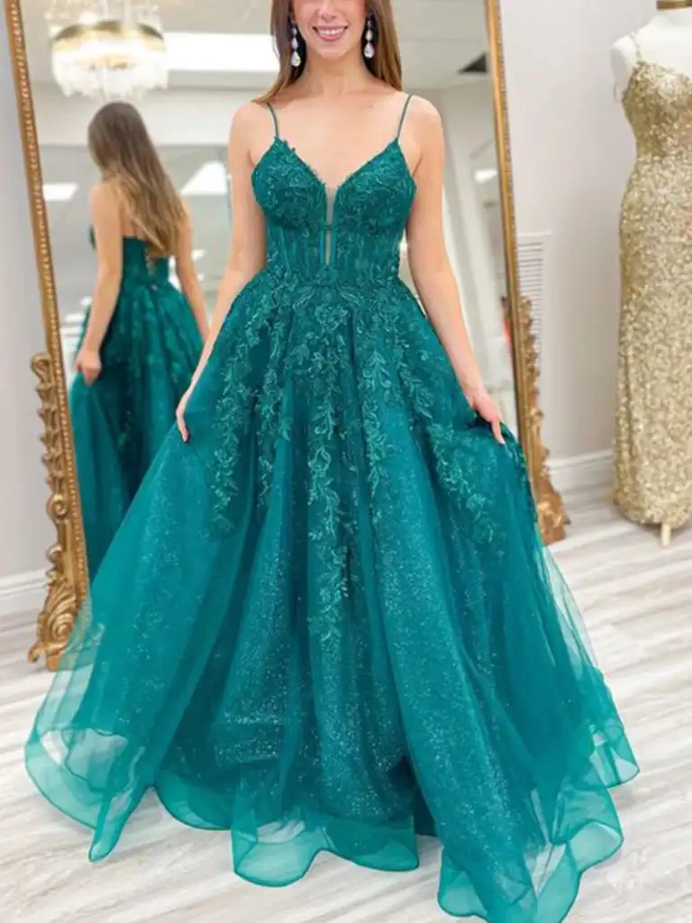 

Green Prom Dresses Lace Applique Sparkly Tulle Bling A Line Spaghetti Strap Long Sweep Train Corset Back Party Evening Gowns
