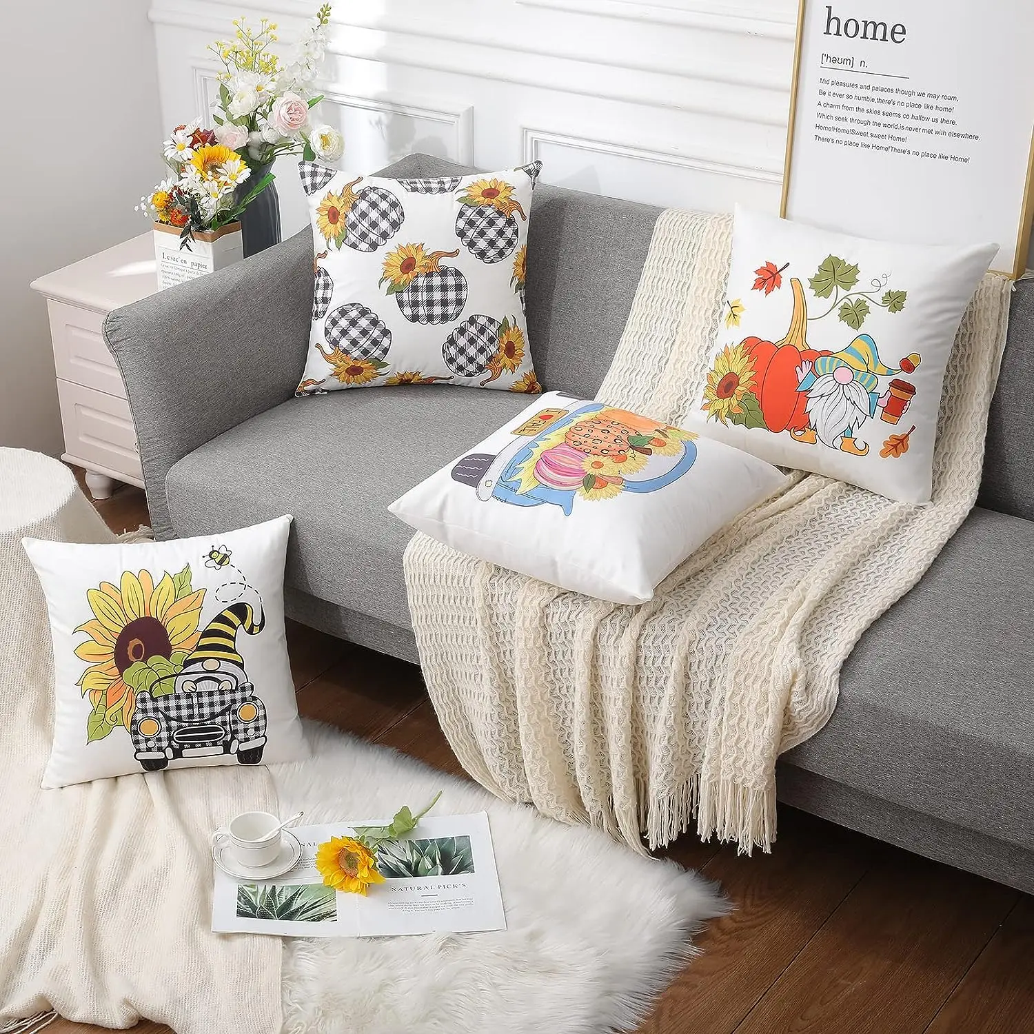 

Autumn throw pillowcase with pumpkin sunflower decoration Thanksgiving pillowcase, sofa bed farmhouse check cover40X40CM