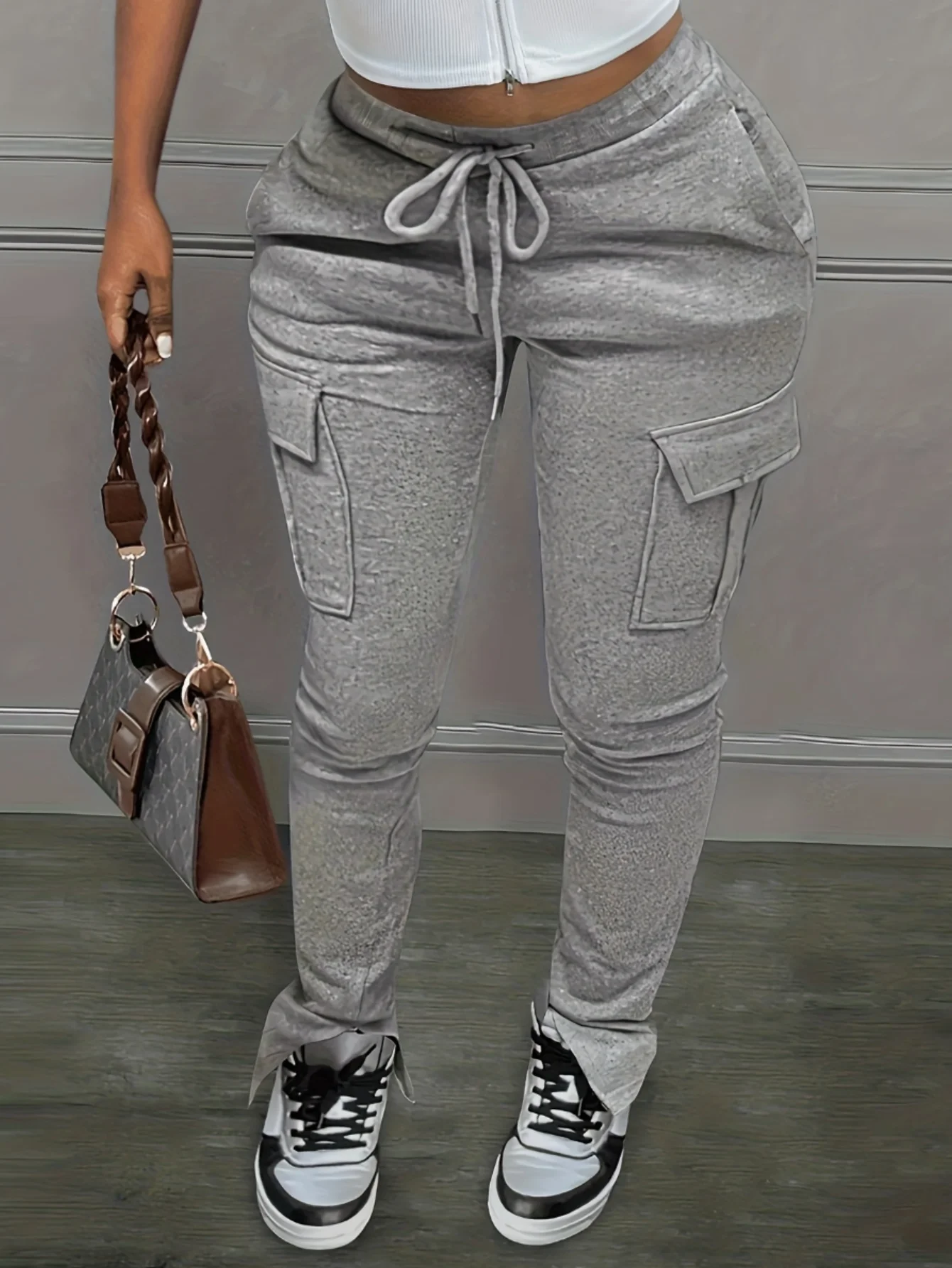 

LW Oversize Solid Pocket Cargo Sweatpants Mid Waist Drawstring Women Pants Stacked Trousers Sporty Casual Daily Bottoms