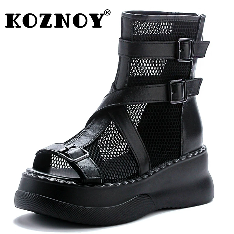 

Koznoy 7cm Air Mesh Genuine Leather Boots Chimney Ankle Booties Women Moccasins Fashion Summer Motorcycle Sandals Hollow Shoes