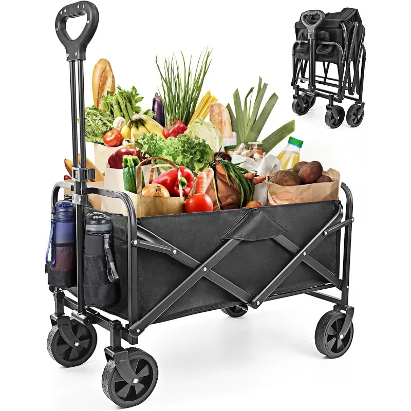 

Collapsible-Folding-Wagon - Wagon Cart Heavy Duty Foldable Outdoor Utility with Silent Universal Wheels, Adjustable Handle