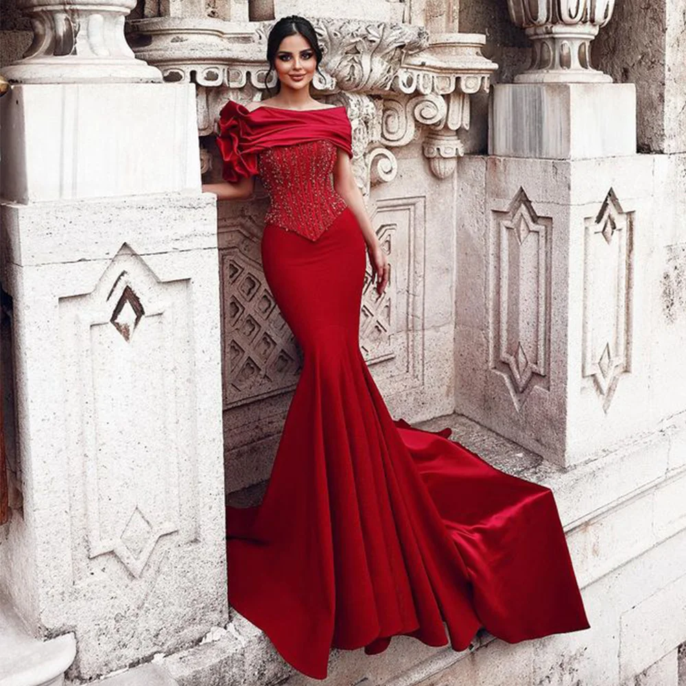 

Hot Red Mermaid Evening Dress Sexy Boat Neck Beading Sequined Sweep Train Vestido De Festa Longo Arabic Prom Party Gown