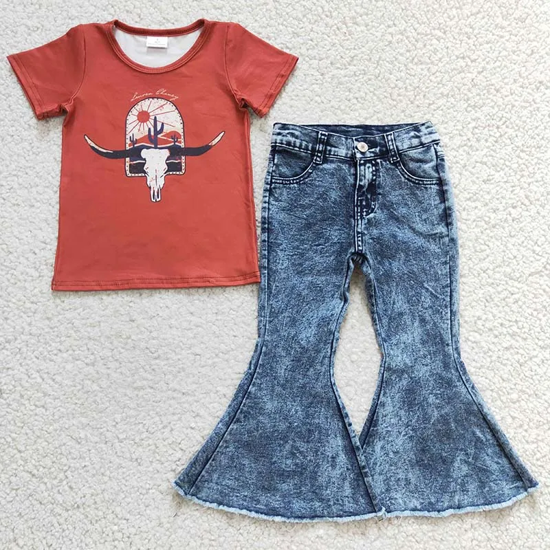 

Wholesale Baby Girl Western Cow Set Children Toddler Pullover Short Sleeve Bull Skull Cactus Shirt Denim Pants Kid Infant Outfit