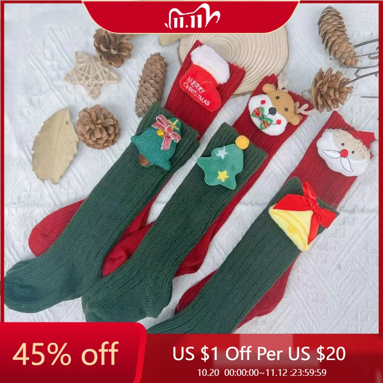 

2023ins Children's Spanish autumn and winter new Christmas and New Year wool baby socks solid color mid-height stockings