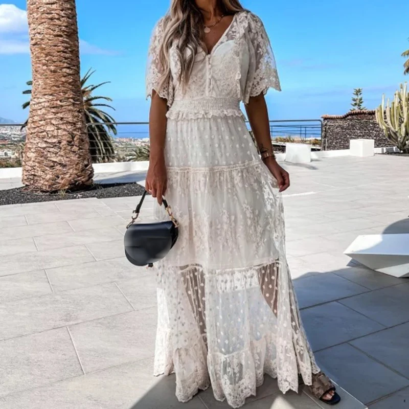 

Sexy V Neck Button Ruffled Long Dress Women Spring Embroidery Lace Mesh Party Dress Summer Short Sleeve Jacquard Crochet Dresses