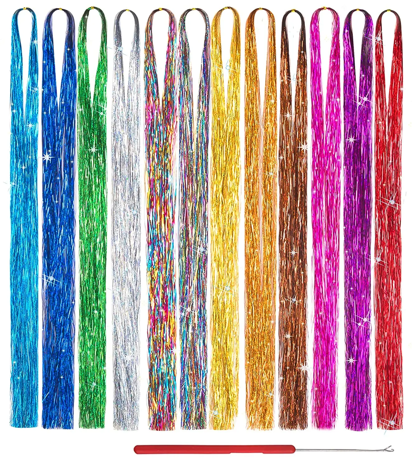 

My-diva 47 Inch 18 Colors Hair Tinsel With Tool Sparkling Dazzle Glitter Shiny Extensions Silk Tinsel