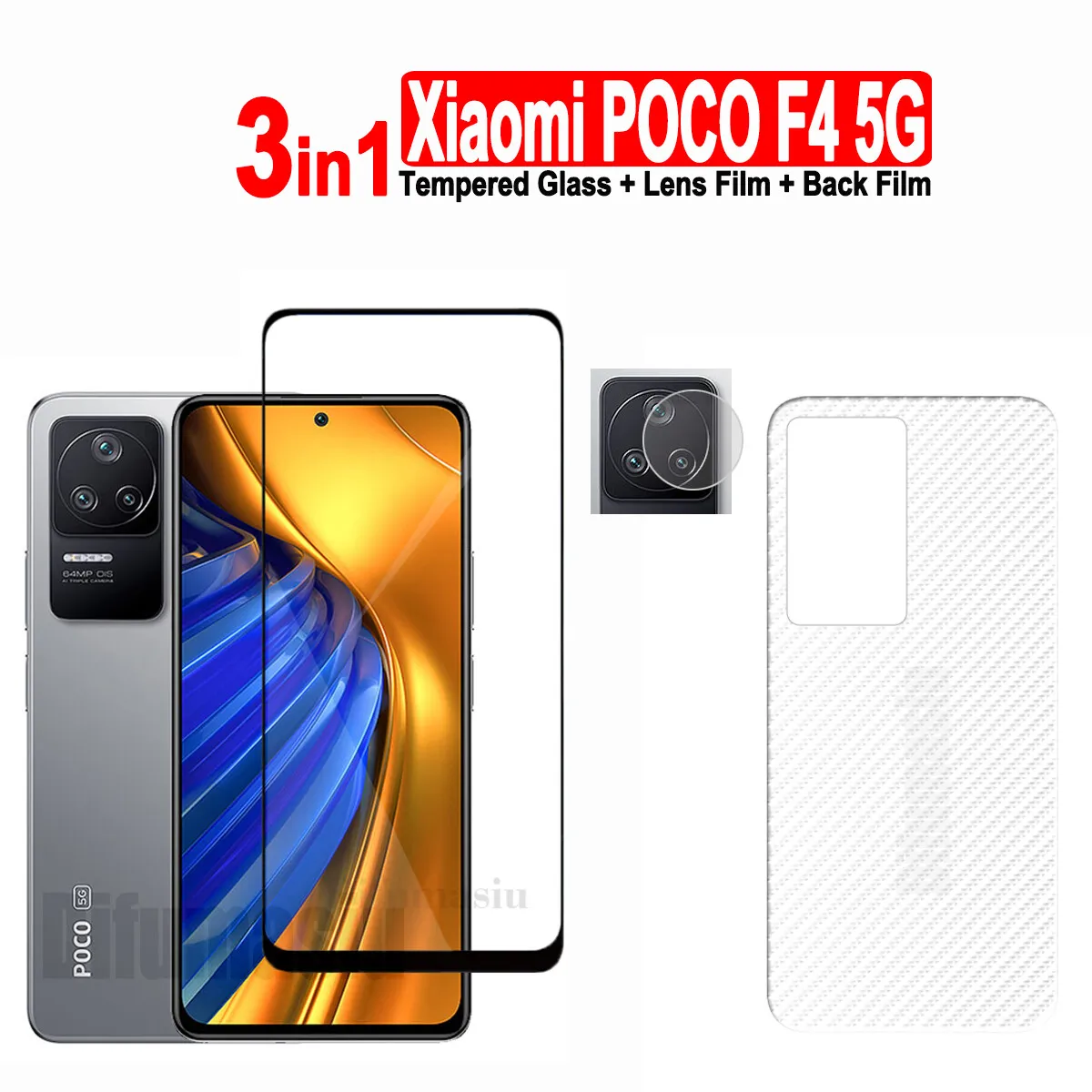 

3in1 For Xiaomi POCO F4 5G Tempered Glass Film Screen Protector + Camera Lens Film+ Carbon Fiber Back Film