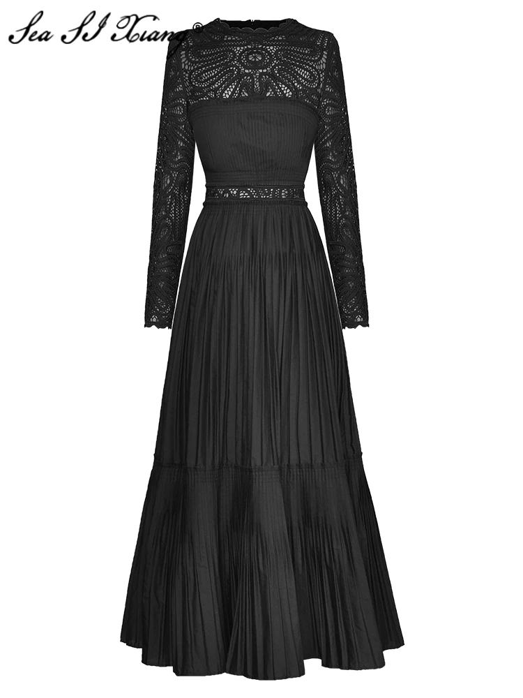 Seasixiang Fashion Designer Spring Summer Women Dress O-Neck Long Sleeve Hollow Out Black Elegant Party Pleated Dresses
Seasixiang Fashion Designer Spring Summer Women Dress O-Neck Long Sleeve Hollow Out Black Elegant Party Pleated Dresses