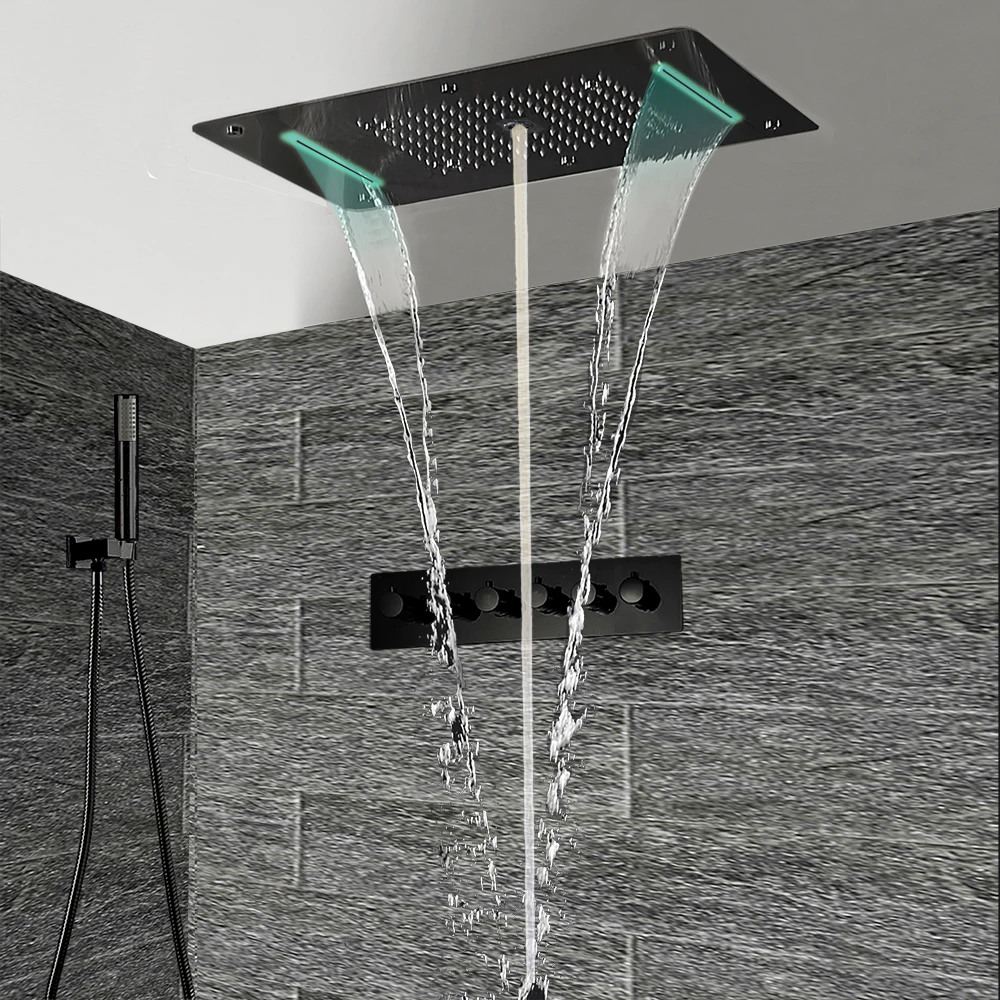Black Matte Thermostatic Complete Shower System Rough-in-Valve Large flow Luxury Thermostatic Bath LED Ceiling Rain Shower Head
Black Matte Thermostatic Complete Shower System Rough-in-Valve Large flow Luxury Thermostatic Bath LED Ceiling Rain Shower Head