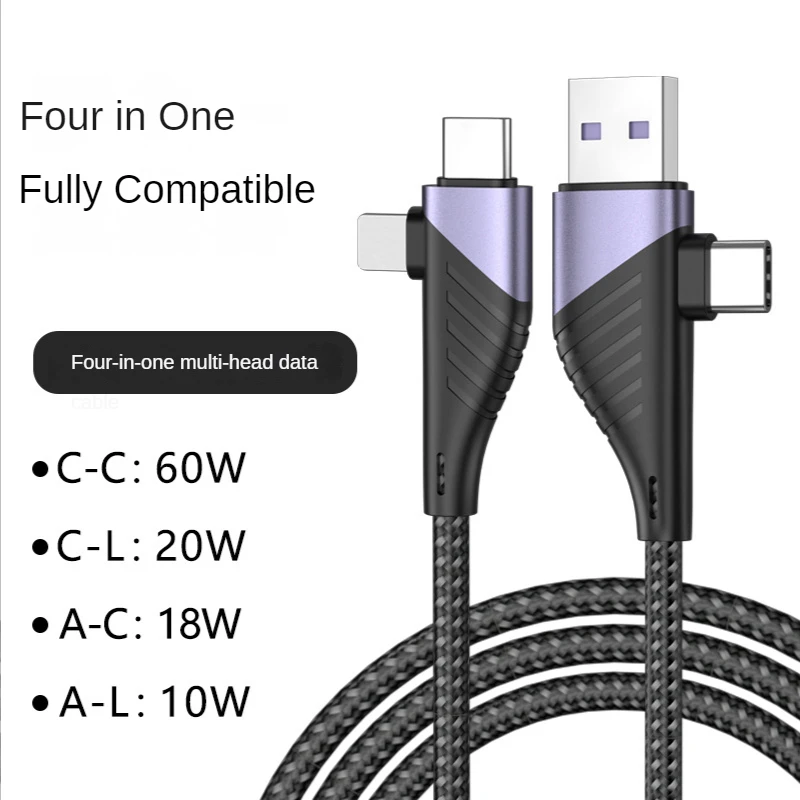 

4 In1 PD20W/60W USB C for lightning 90 Degree Elbow Cable USB A Type C 5A PD Fast Charger Cable For Xiaomi Samsung Data Line