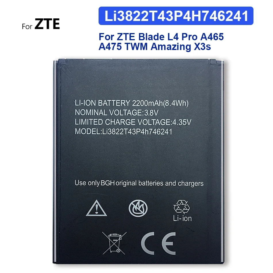 Mobile Phone Replacement Battery, 2200mAh, Li3822T43P4h746241, For ZTE Blade L4 Pro, L4Pro, A465, A475, TWM, Amazing X3s
Mobile Phone Replacement Battery, 2200mAh, Li3822T43P4h746241, For ZTE Blade L4 Pro, L4Pro, A465, A475, TWM, Amazing X3s