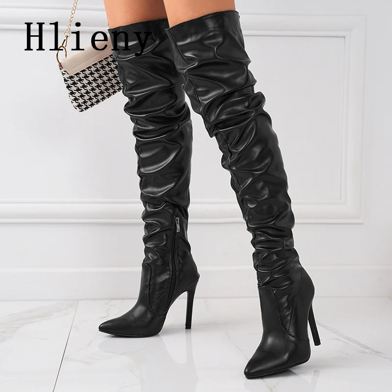 

Новинка Осень-зима 2023, дизайнерские плиссированные кожаные сапоги Hlieny выше колена, модная привлекательная обувь на тонком высоком каблуке с острым носком и молнией