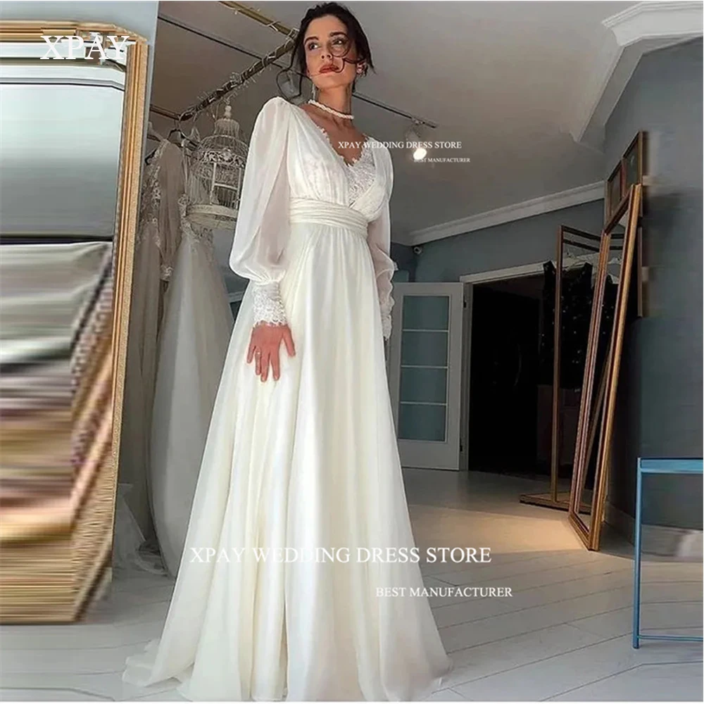 

XPAY Vintage Silk Chiffon A Line Wedding Dresses Boho Puff Long Sleeves Lace V Neck Rustic Civil Bride Gowns Women Formal