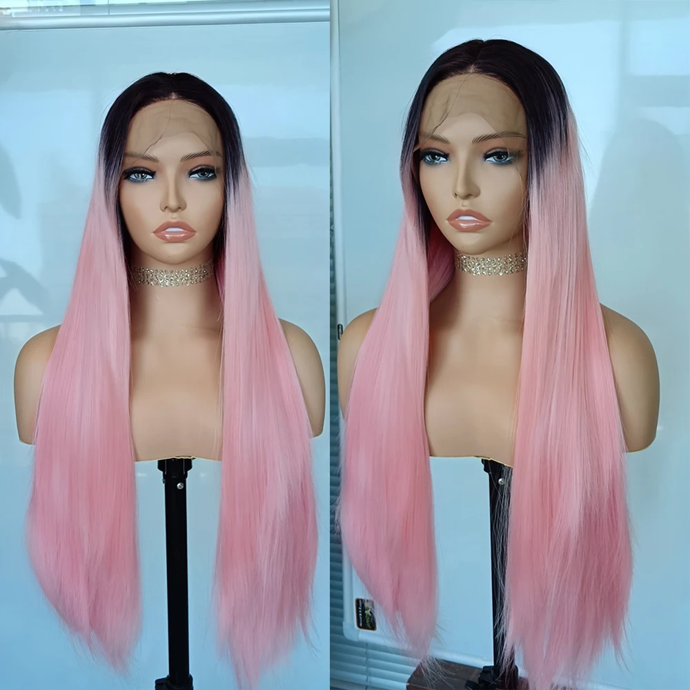 

Diniwigs Ombre Pink Lace Front Wigs for Women Long Silky Straight Synthetic Wig Dark Roots Pink Wigs Heat Fiber Hair Cosplay Wig