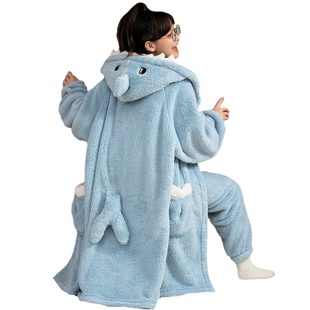 

Blue Shark Pajama Pants Set Holiday Party Costume Cute Warm Night-robe Hooded Flannel Casual Clothing Female Home Wear For Women