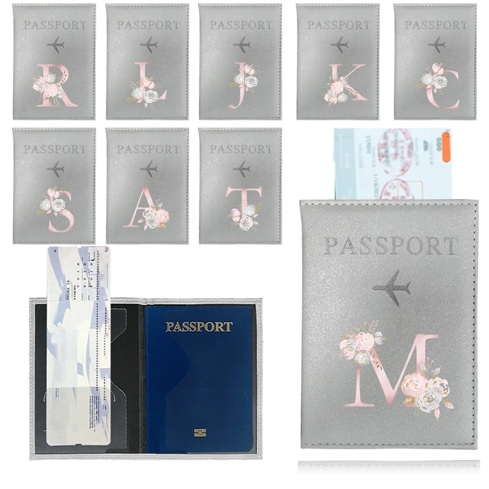 

Ticket Passport Holder Silver Color Passport Covers Passport Protective Cover Printing Pink Flower Series ID Credit Card Holder