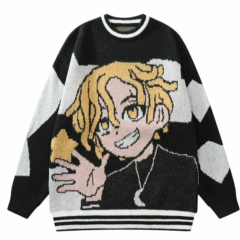 

Y2K Sweater Harajuku Pullover Women's Winter Knitwear Embroidered Anime Pattern Extra Large Sweater Street Style Couple Top