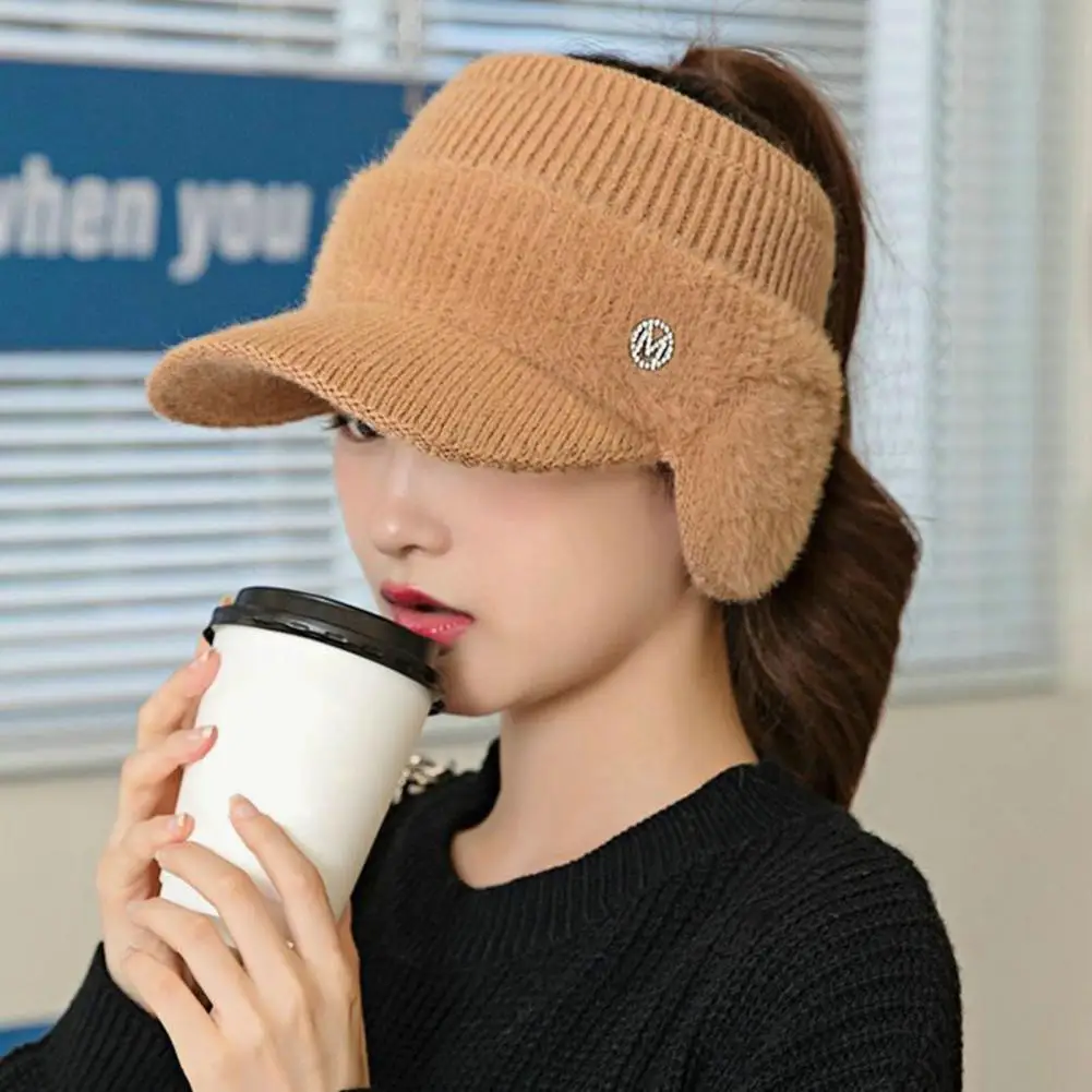 

Trendy Women Baseball Hat Autumn Winter Earflap Hat Stretch Sun Protection Knitting Ponytail Hat Coldproof