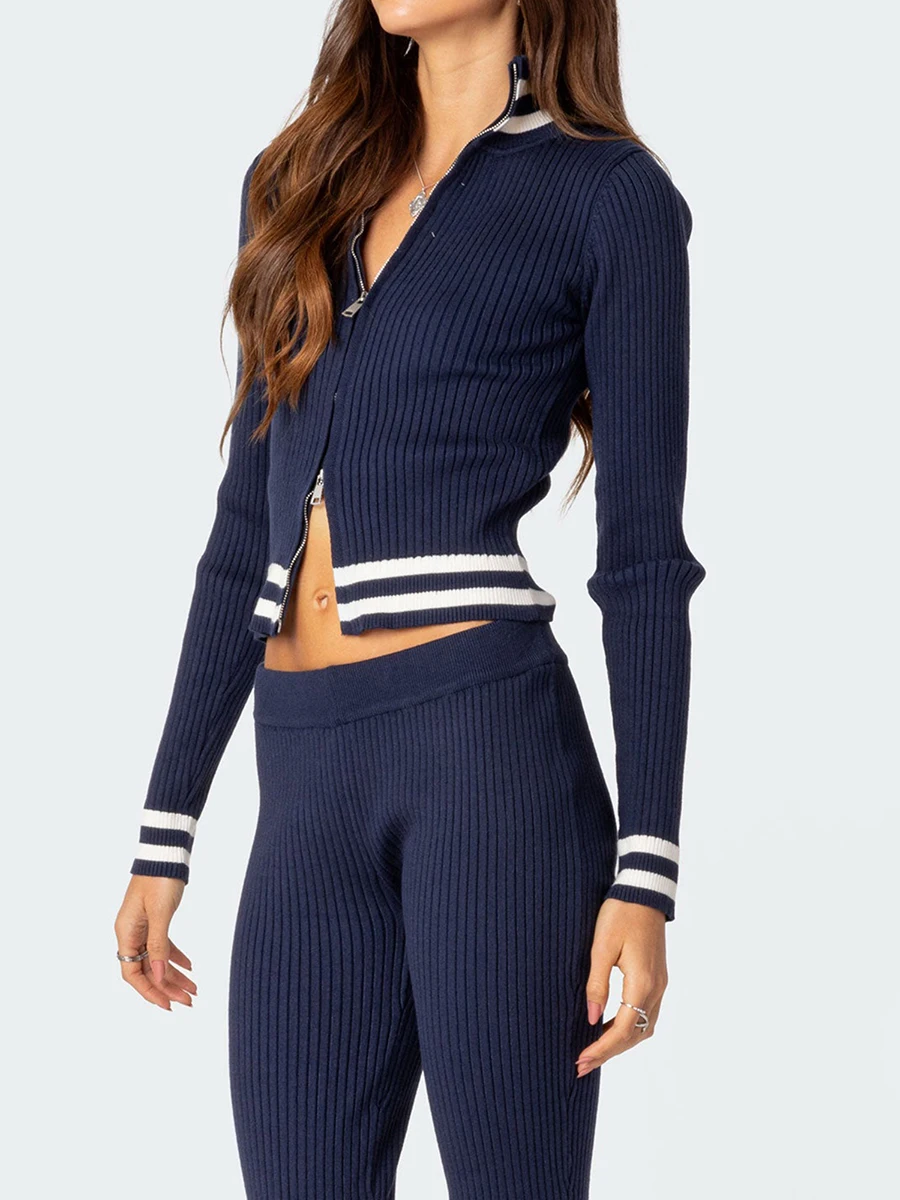 

Women s Two Piece Outfits Long Sleeve Zip Up Knit Crop Top and Flare Skinny Pants Lounge Sets Tracksuits Sweatsuits
