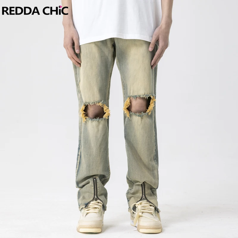 

REDDACHIC Zip-up Slit Destroyed Baggy Jeans Men Vintage Wash Ripped Holes Straight Wide Leg Casual Pants Y2k Harajuku Streetwear