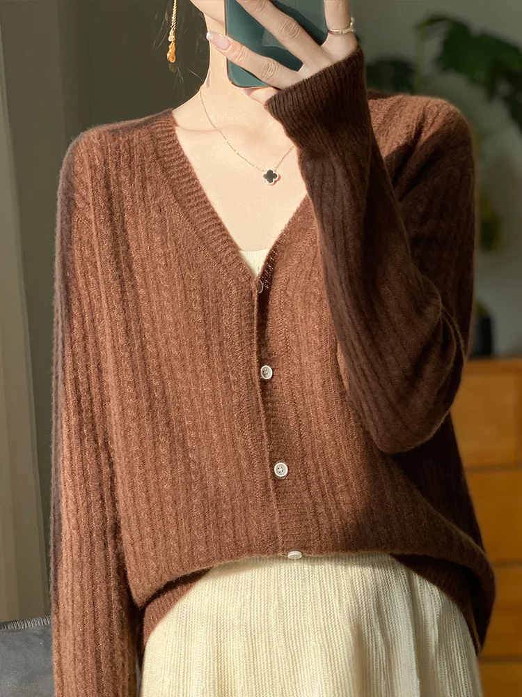 

New Fashion Spring Autumn Women Cardigan 100% Merino Wool V-neck Long Sleeve Sweater Twist Flower Soft Knitwear Female Clothing