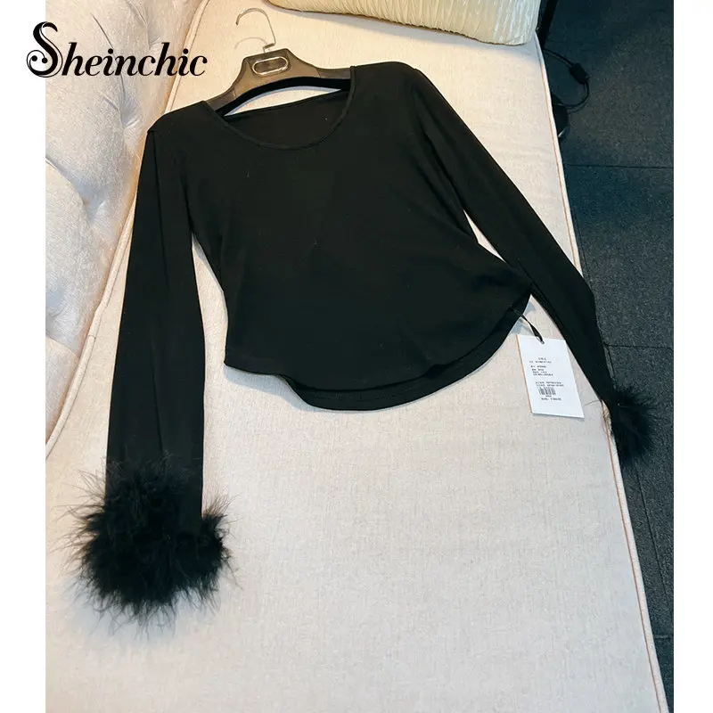 Korean Fashion Clothes for Women Elegant Black Feather Patchwork Long Sleeve Tees Casual O-neck Slim Ropa De Mujer
Korean Fashion Clothes for Women Elegant Black Feather Patchwork Long Sleeve Tees Casual O-neck Slim Ropa De Mujer
