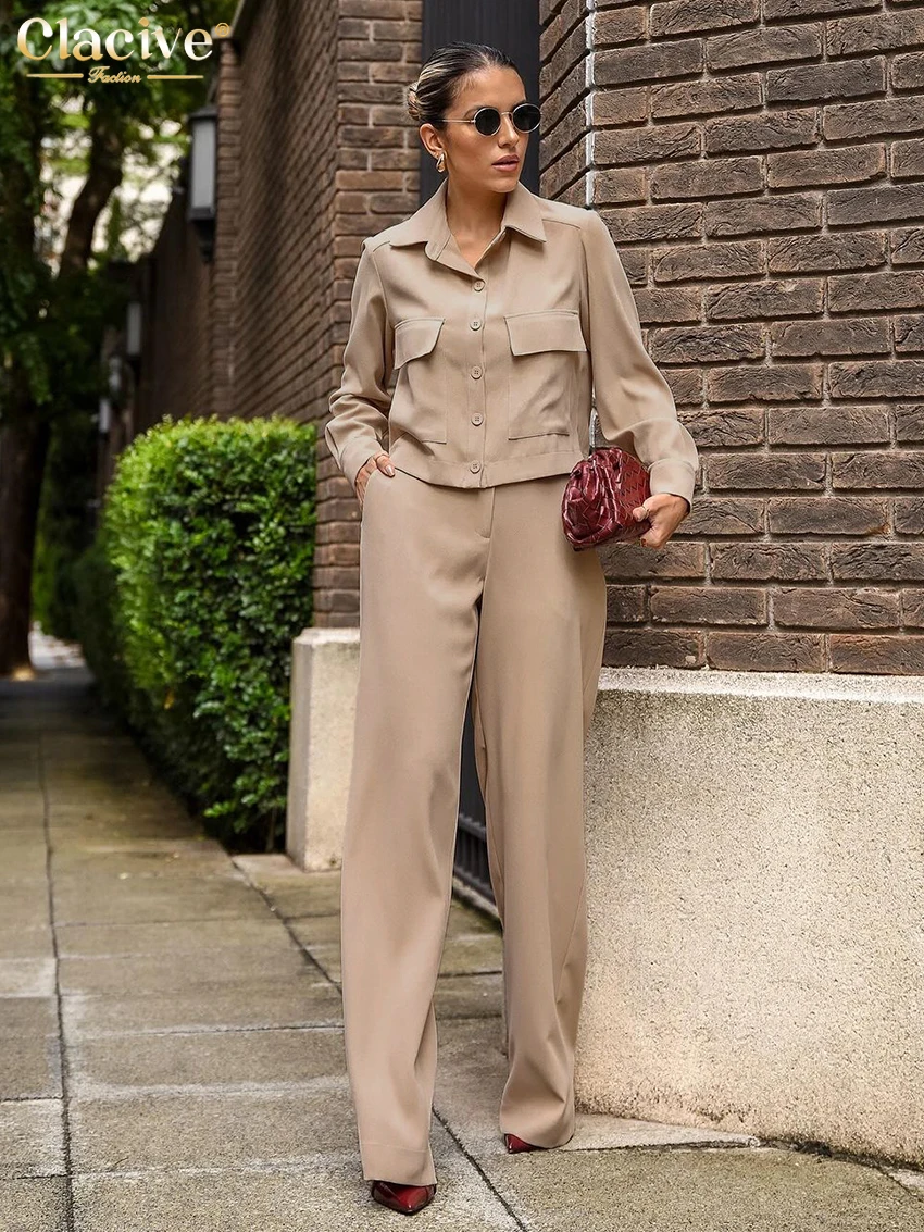 

Clacive Fashion Loose Khaki Office 2 Piece Set Women Outfit 2024 Elegant Long Sleeve Shirt With High Wiast Wide Pants Set Female