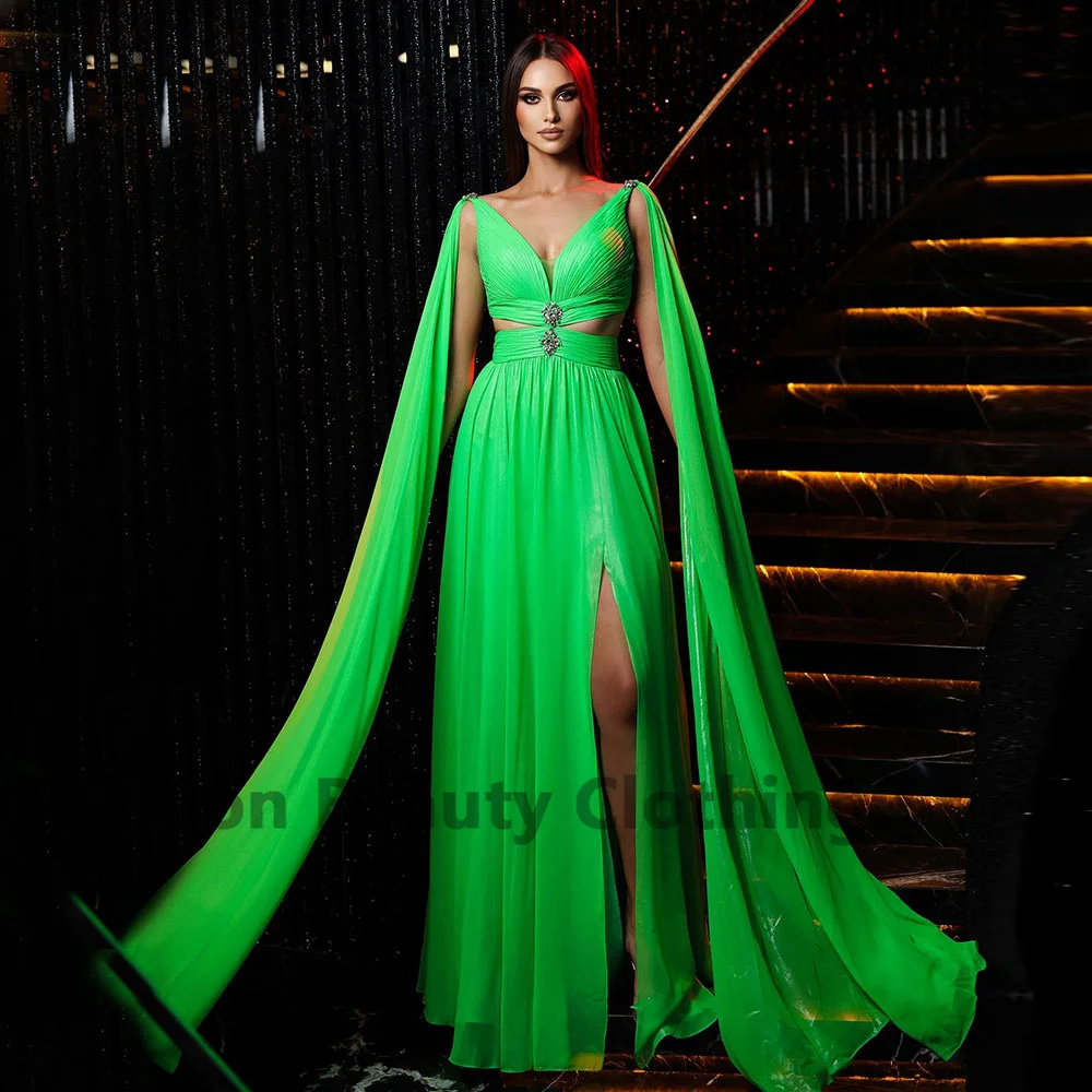 Chiffon A-Line Prom Gown Backless Draped High Split V Neck Crystal Dubai Elegant Women's Brush Train Vestidos Para Mujer Gala
Chiffon A-Line Prom Gown Backless Draped High Split V Neck Crystal Dubai Elegant Women's Brush Train Vestidos Para Mujer Gala