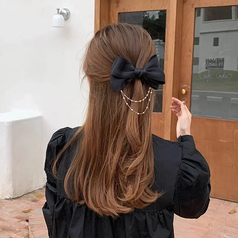 

High-quality Bow Pearls Chain Barrettes Hairpins for Women Rhinestone Spring Hair Clips Ribbon Headband Ponytail Hair Accessory