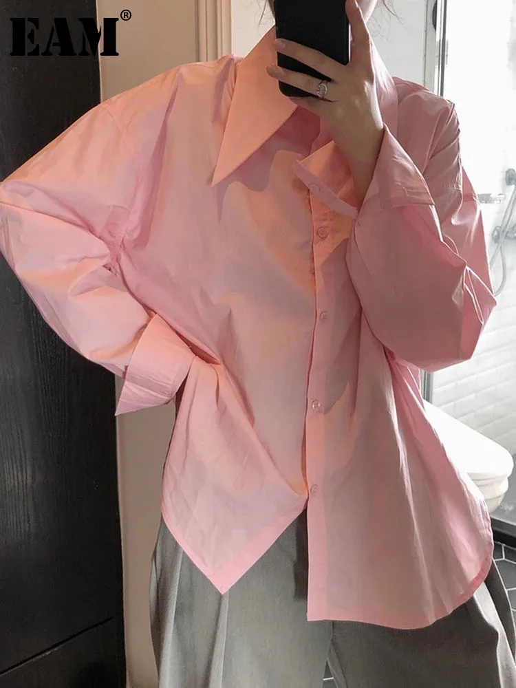 

[EAM] Women pink Color White Brief Big Size Elegant Blouse New Lapel Long Sleeve Shirt Fashion Tide Spring Autumn 2024 1DH5429