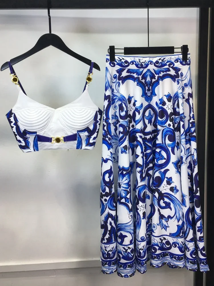 

Summer Holiday Blue And White Porcelain Two Piece Set Women's Spaghetti Strap Padded Cup Zipper Print Short Top+Long Skirt Suits