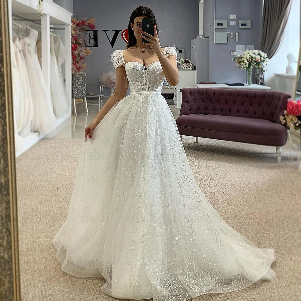 

Shinny Tulle Wedding Dress Sweetheart Feather A-line Wedding Bride Dress Sleeveless Luxury Dress For Wome 2024 Vestidos De Novia