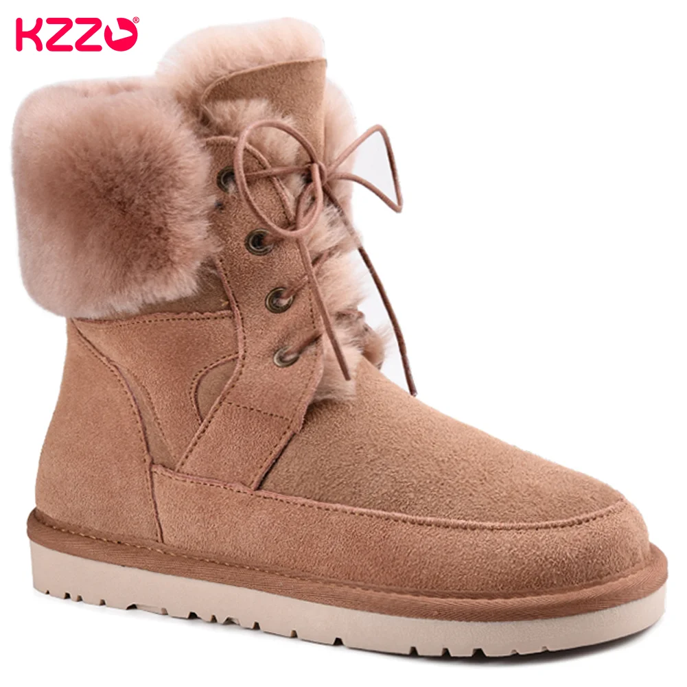 

KZZO New Australia Real Sheepskin Leather Snow Boots Lace-up Women Mid-Calf Casual Natural Wool Fur Lined Winter Warm Shoes