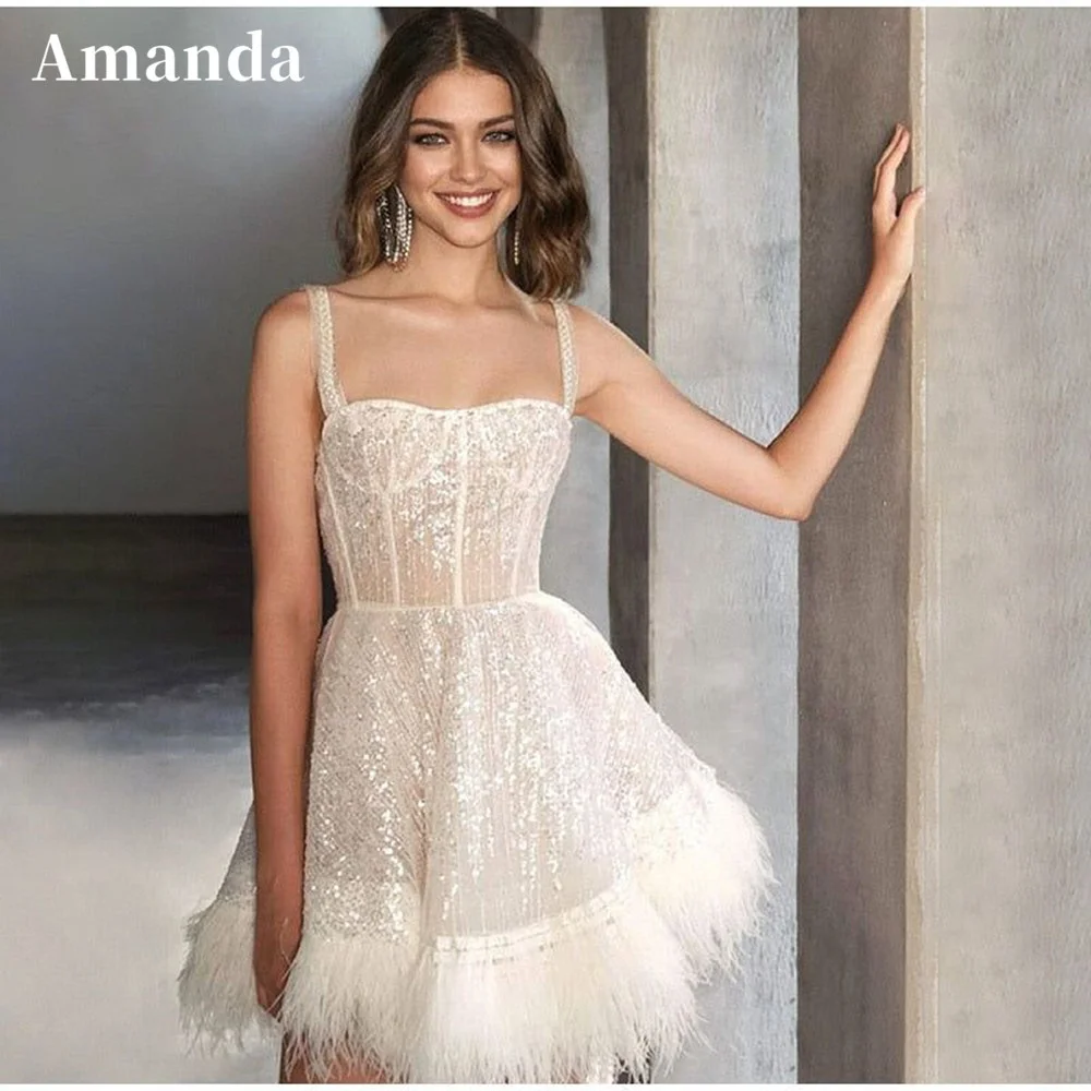 Amanda Glitter Mini Vestido De Novia Sexy Feather Train Ball Gown Prom Gown Shiny Short Prom Dress Flashing فستان سهرة 
Amanda Glitter Mini Vestido De Novia Sexy Feather Train Ball Gown Prom Gown Shiny Short Prom Dress Flashing فستان سهرة